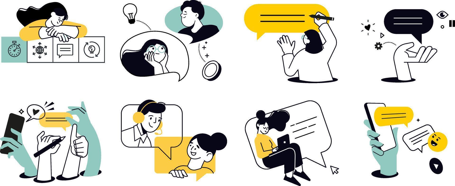 Communication illustrations. Concepts of social media, networking, support, community, chatting, online communication, app and services, rating and review, conversation. vector
