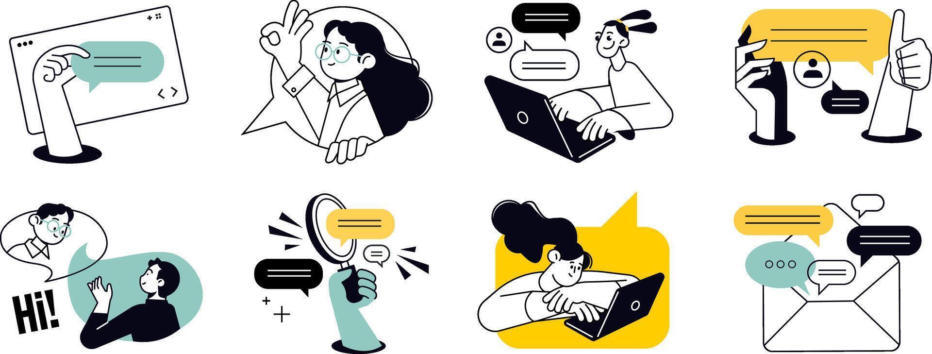 Communication concepts of social media, networking, support, community, chatting, online communication, app and services, rating and review, conversation. vector