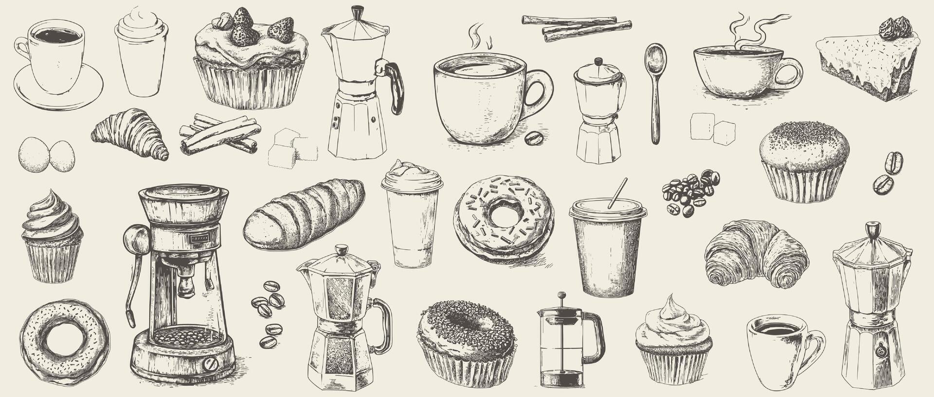 Vintage sketch of coffee elements and pastries, showcasing classic cafe and bakery items vector