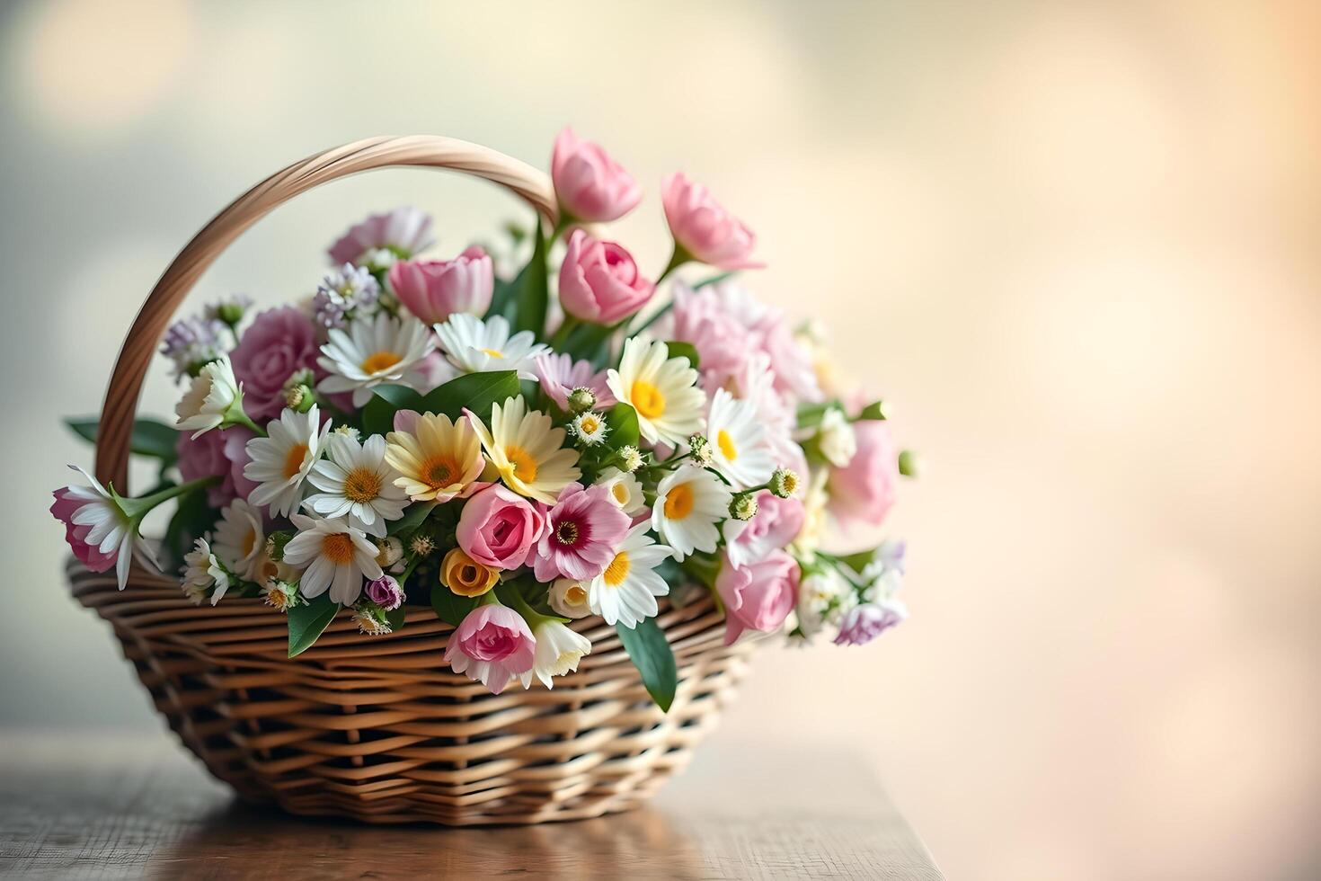 A basket with flowers on a table photo