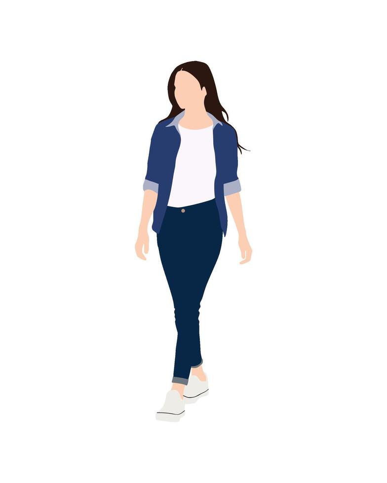 Flat art people and illustration, girl wearing white shirt and casual denim outfit B63 vector