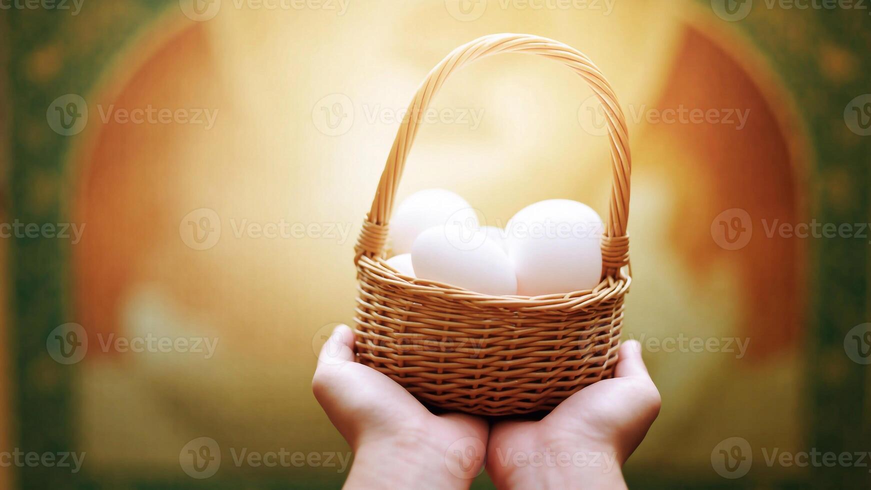 Devotee's hands offering an Easter basket towards a sacred icon inside a church, symbolizing spiritual gratitude. For liturgical publications, faith-based advertisements, and Easter sermons photo