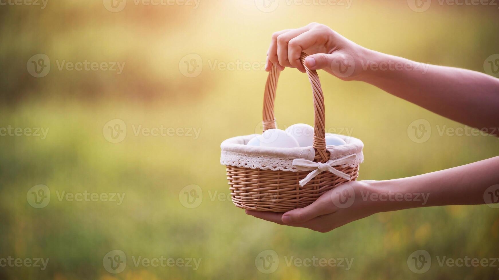 Warm light, hands lift an Easter basket toward, embodying Christian devotion. For worship event posters, Easter celebration materials, and faith-related social media content photo