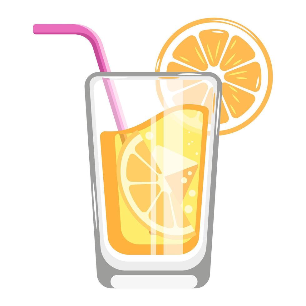 Orange citrus juice in a glass with an orange slice on ice and a drinking straw vector