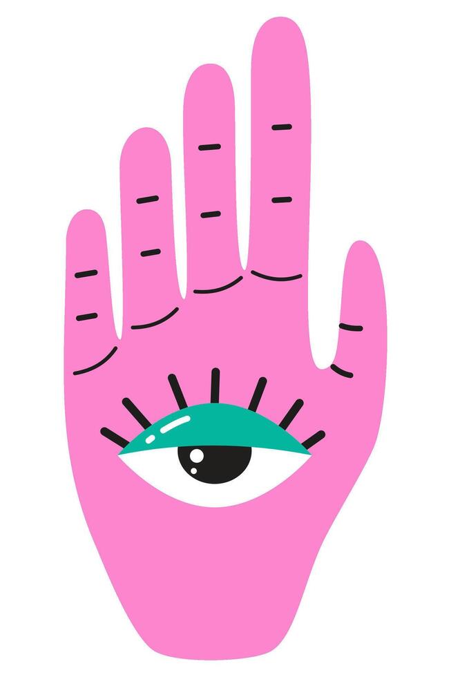 Pink hand for meditation with an eye on the palm, esoterics for paranormal phenomena, tarot reader, astrologer vector