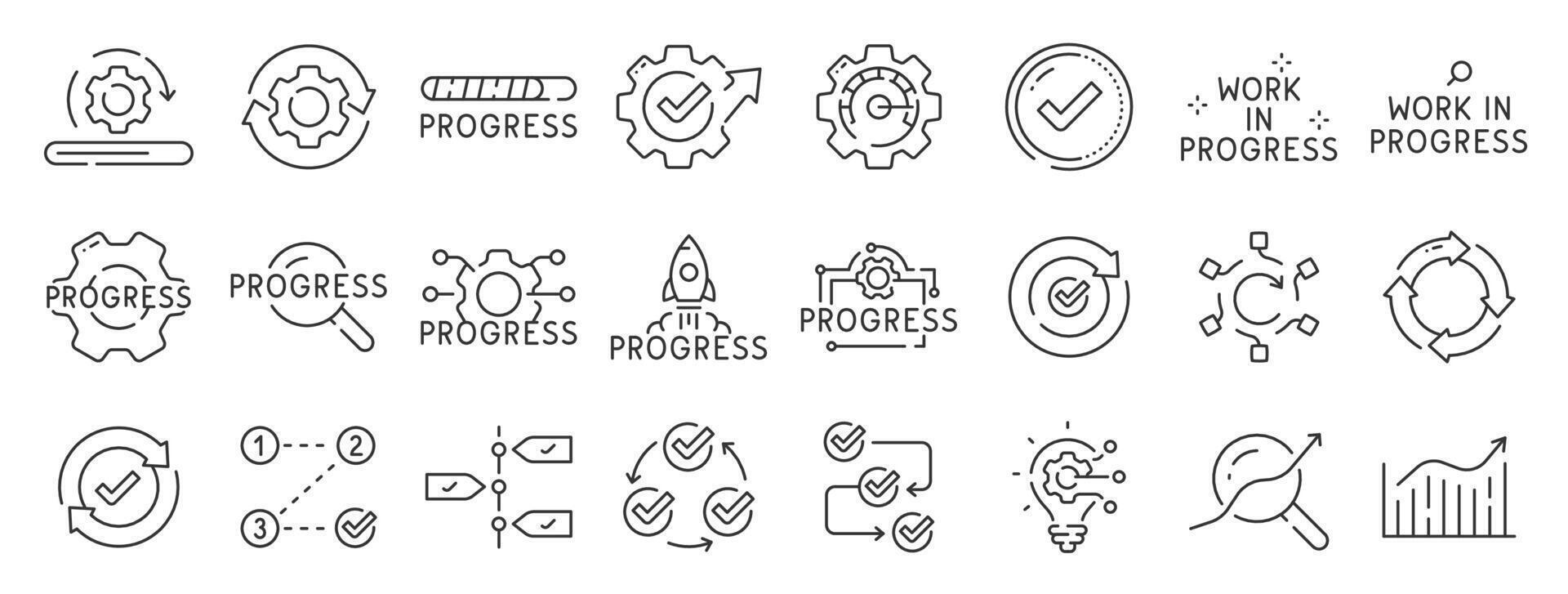 Set of progress related line icons. Process, develop, loading, upgrade etc. Editable stroke vector
