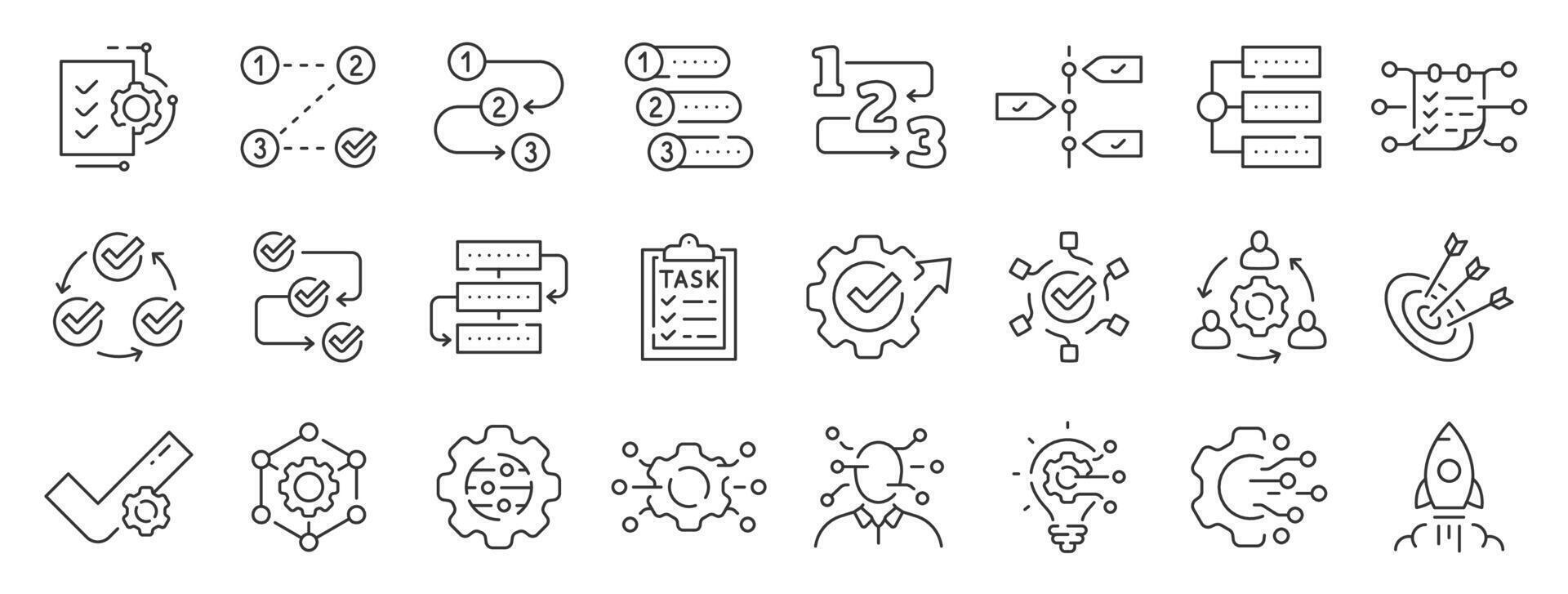 Set of workflow related line icons. Process, structure, strategy, operation etc. Editable stroke vector