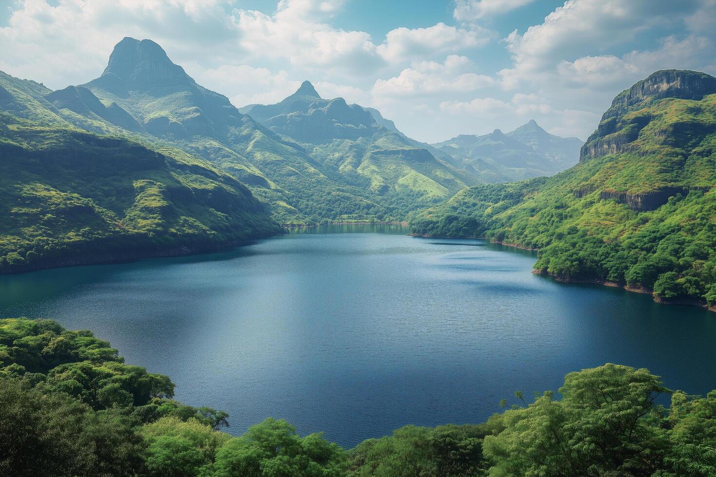 Beautiful Mountainous Landscape With a Serene Lake Under a Bright Sky During the Day photo