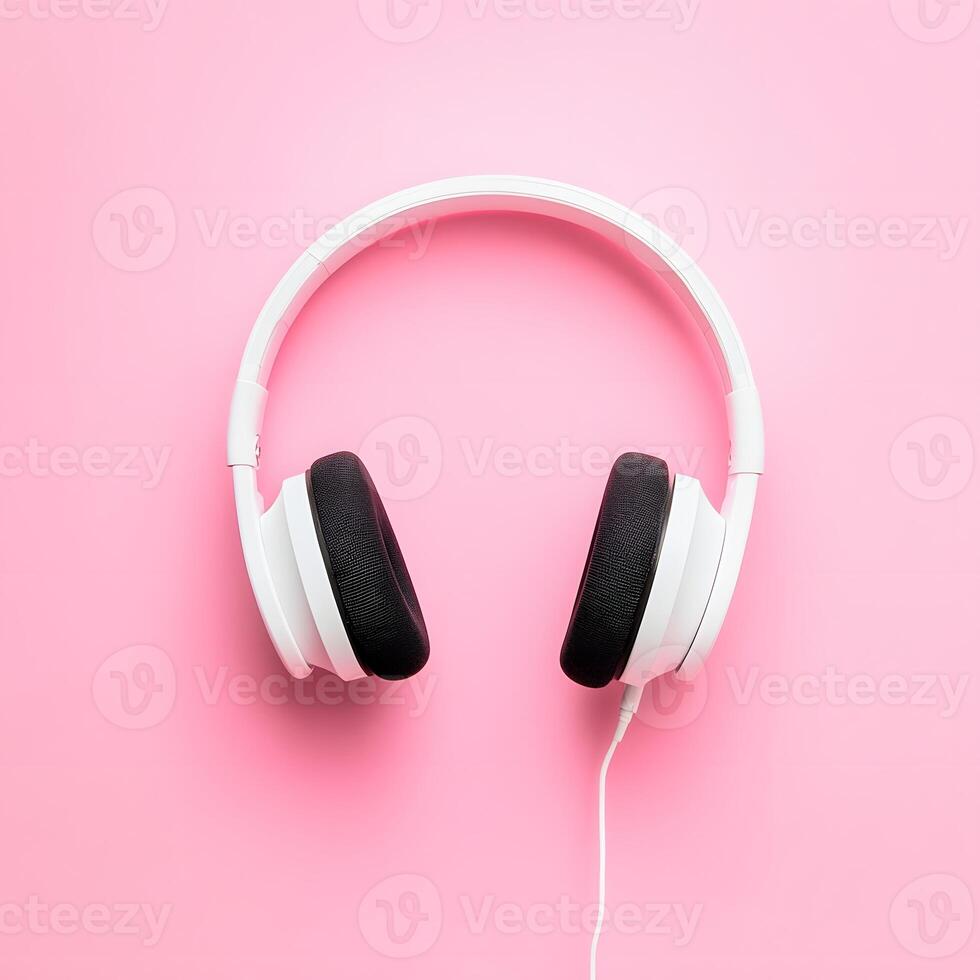 White headphones on pink background. Flat lay, top view, copy space. girly headsets. photo
