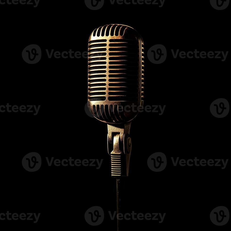 Retro microphone on a black dark background. The concept of singing. Retro microphone on a stand in a recording studio, close-up. photo