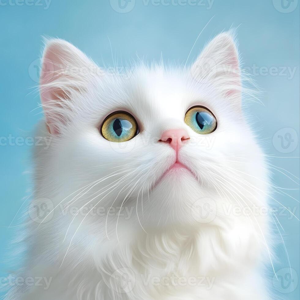White cute cat with big yellow eyes on blue background. photo