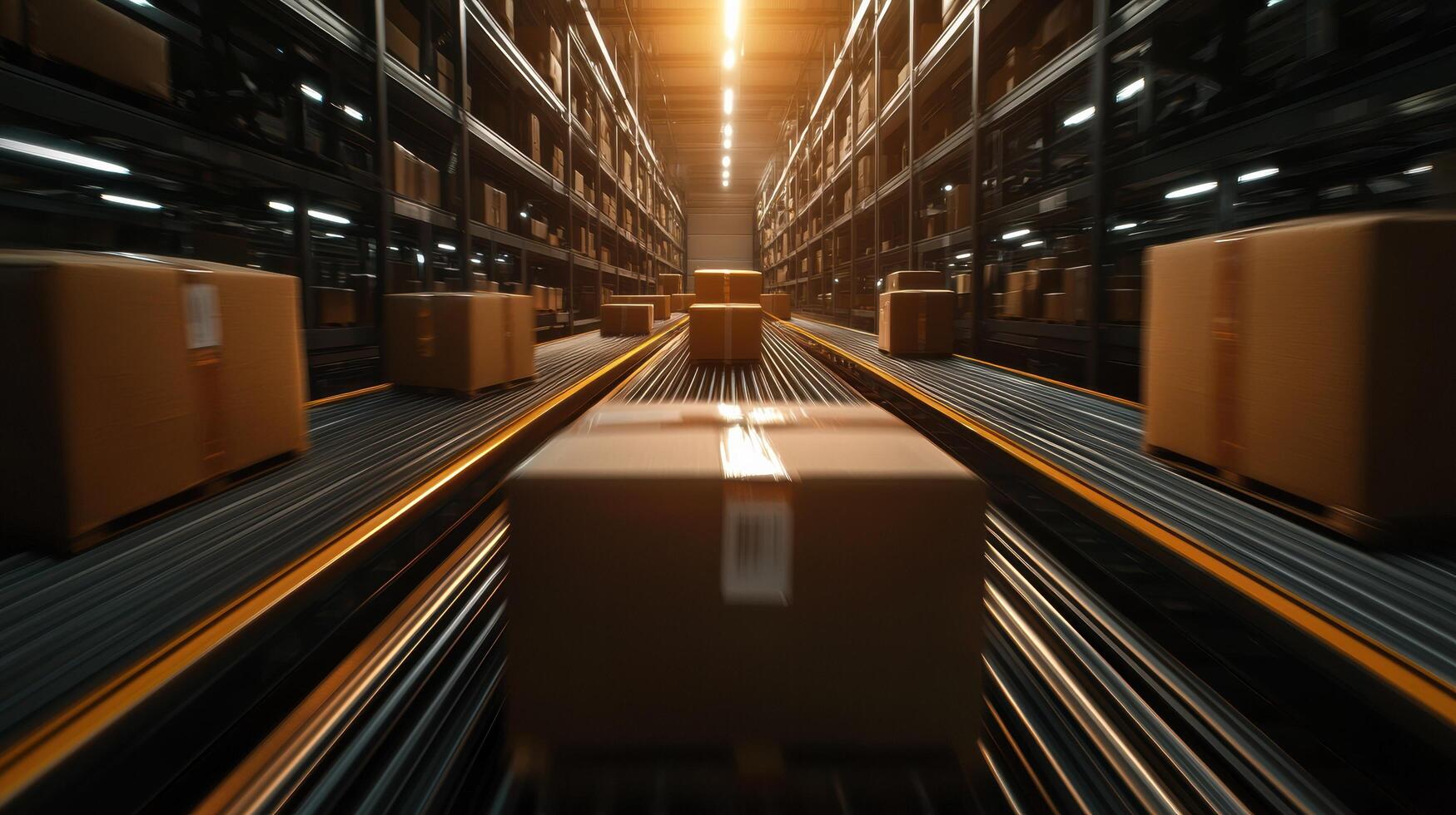 Warehouse scene with boxes moving on conveyor belts, illuminated by warm lighting, highlighting logistics and distribution. photo