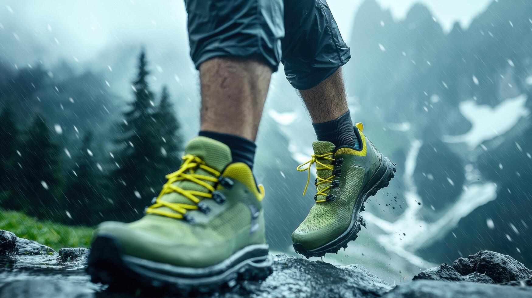 Close-up of hiking boots on a rugged trail in the rain, surrounded by lush greenery and mountains in the background. photo