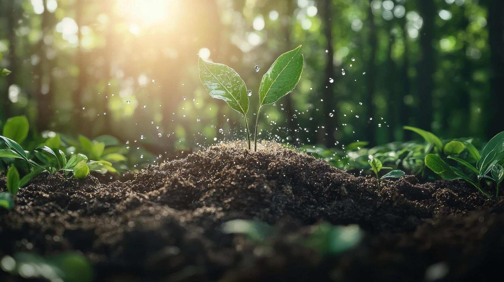 Young green plant sprouting from rich soil in a forest, illuminated by sunlight, symbolizing growth and new beginnings. photo