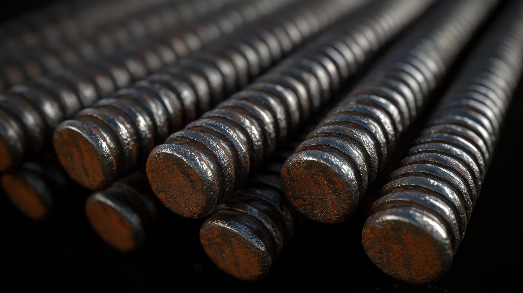 Close-up of sturdy steel reinforcement bars aligned in parallel, highlighting texture and industrial strength, suitable for construction needs. photo