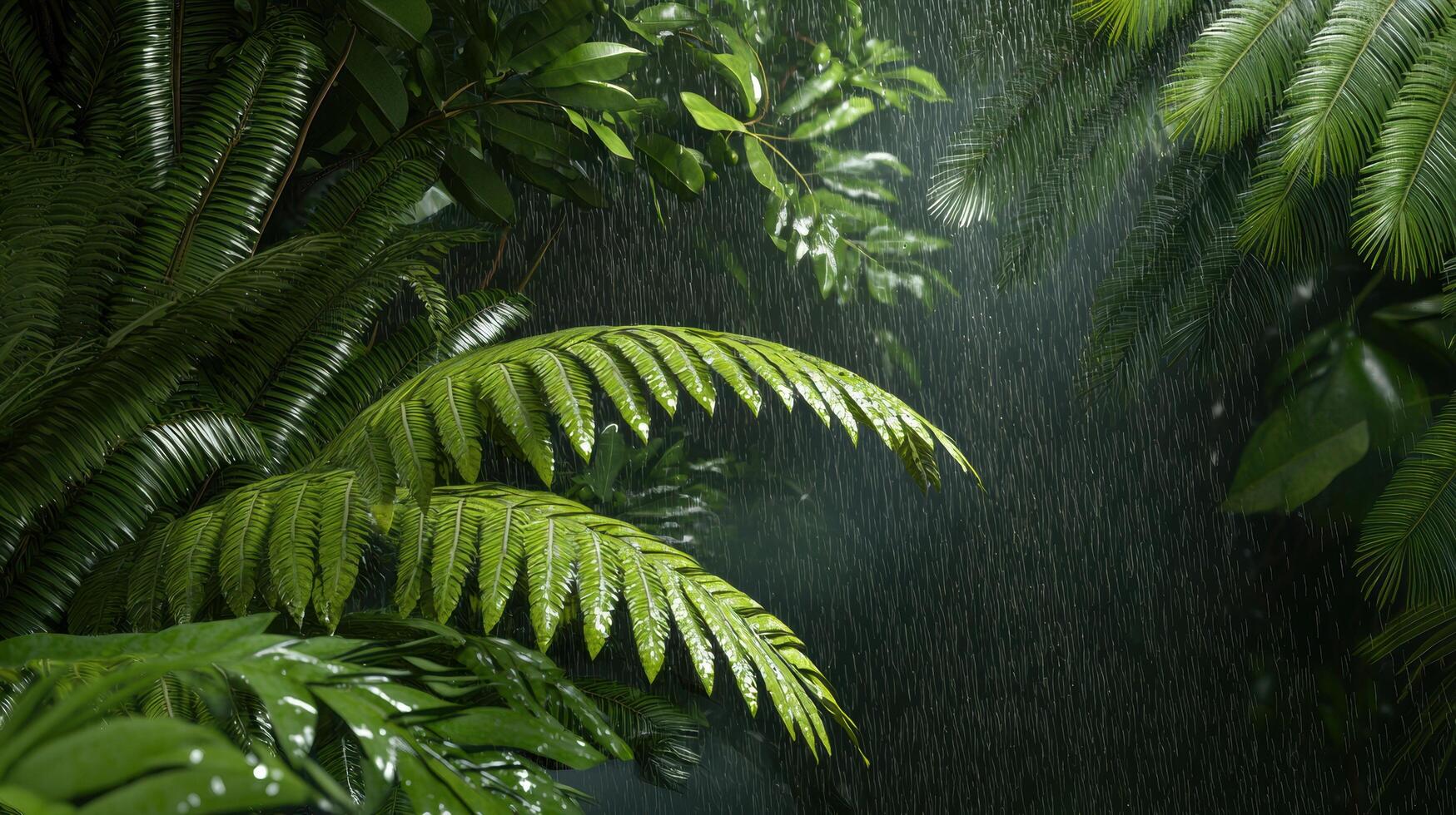 Lush green rainforest foliage drenched in rain, showcasing the vibrant life and natural beauty of a thriving jungle ecosystem. photo