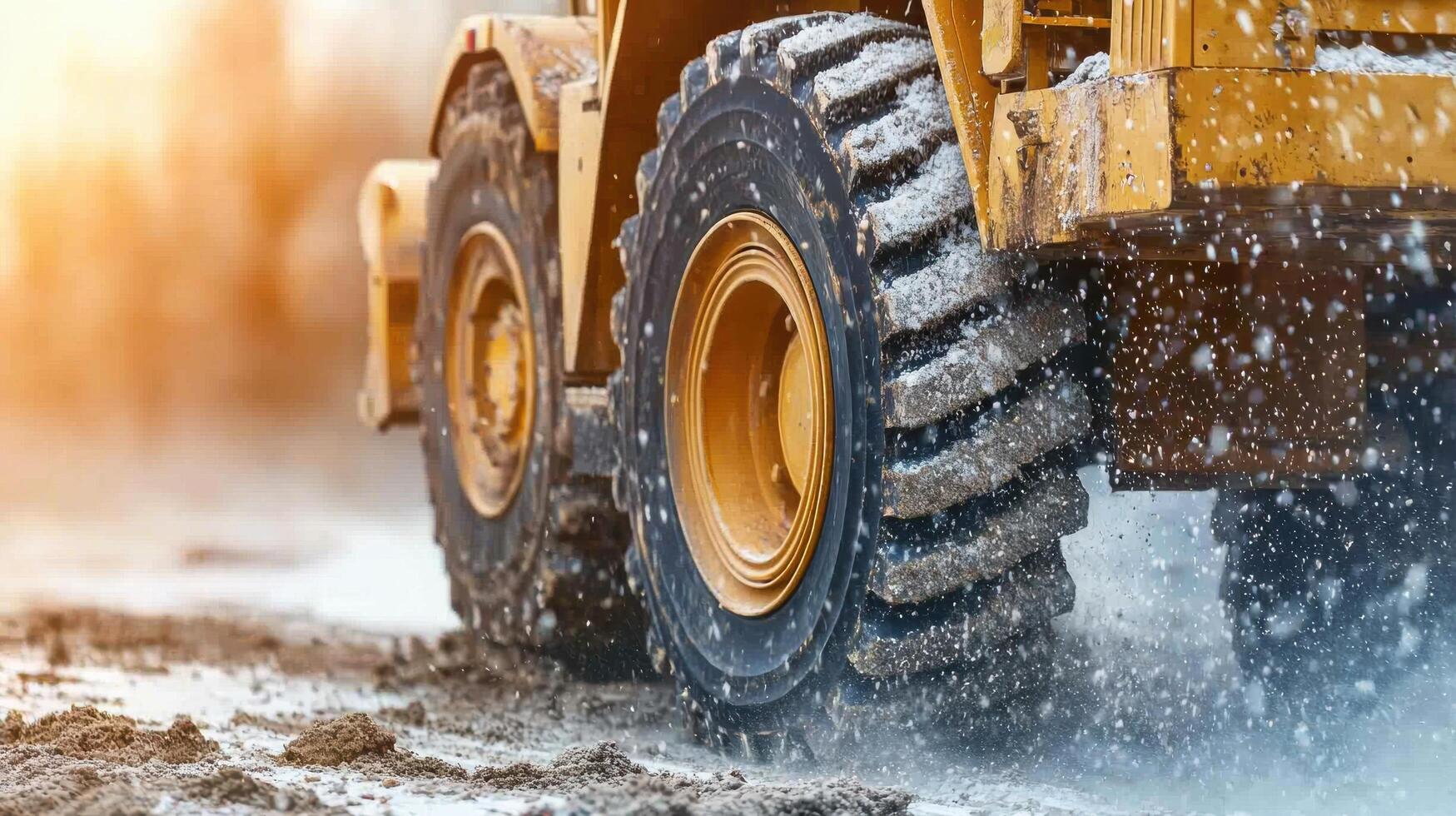 Close-up of construction vehicle wheels moving on muddy terrain, showcasing industrial power and rugged conditions. photo