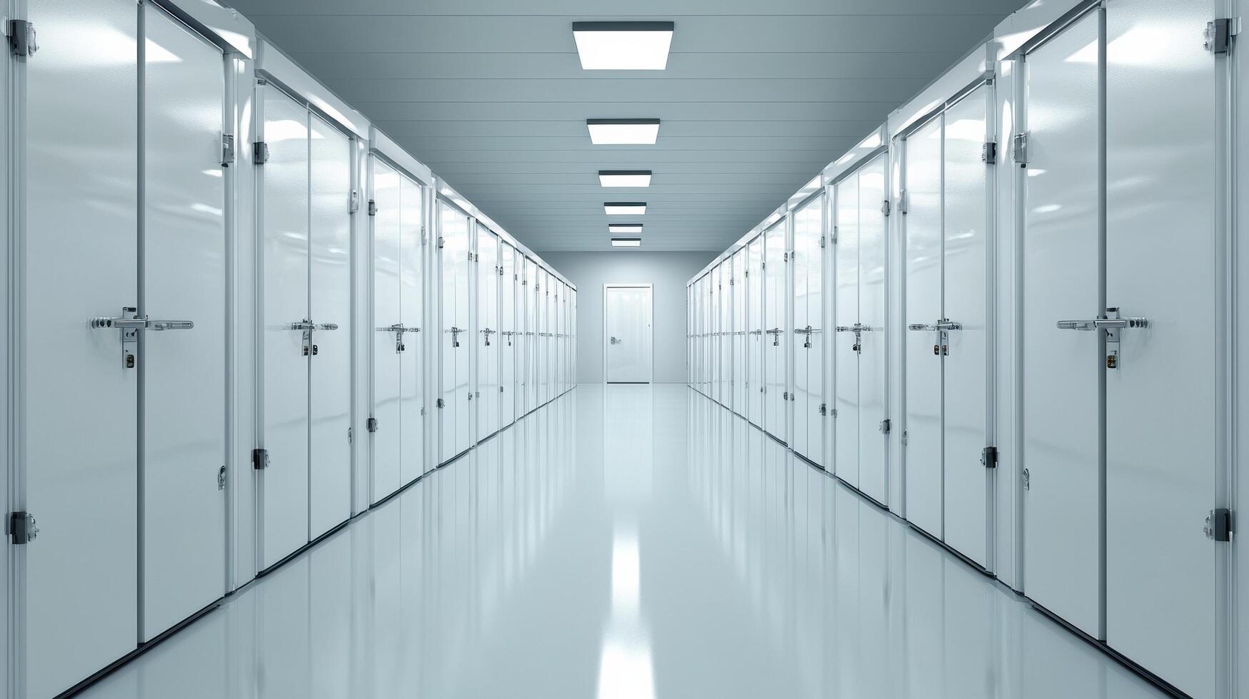 Modern server room with endless rows of secure, metallic doors and bright overhead lighting in a pristine, futuristic corridor. photo