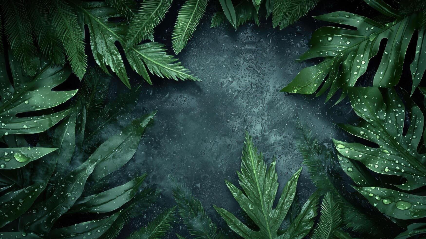 Lush green tropical leaves frame a misty dark background, creating a vibrant, natural border with dew-kissed foliage. photo