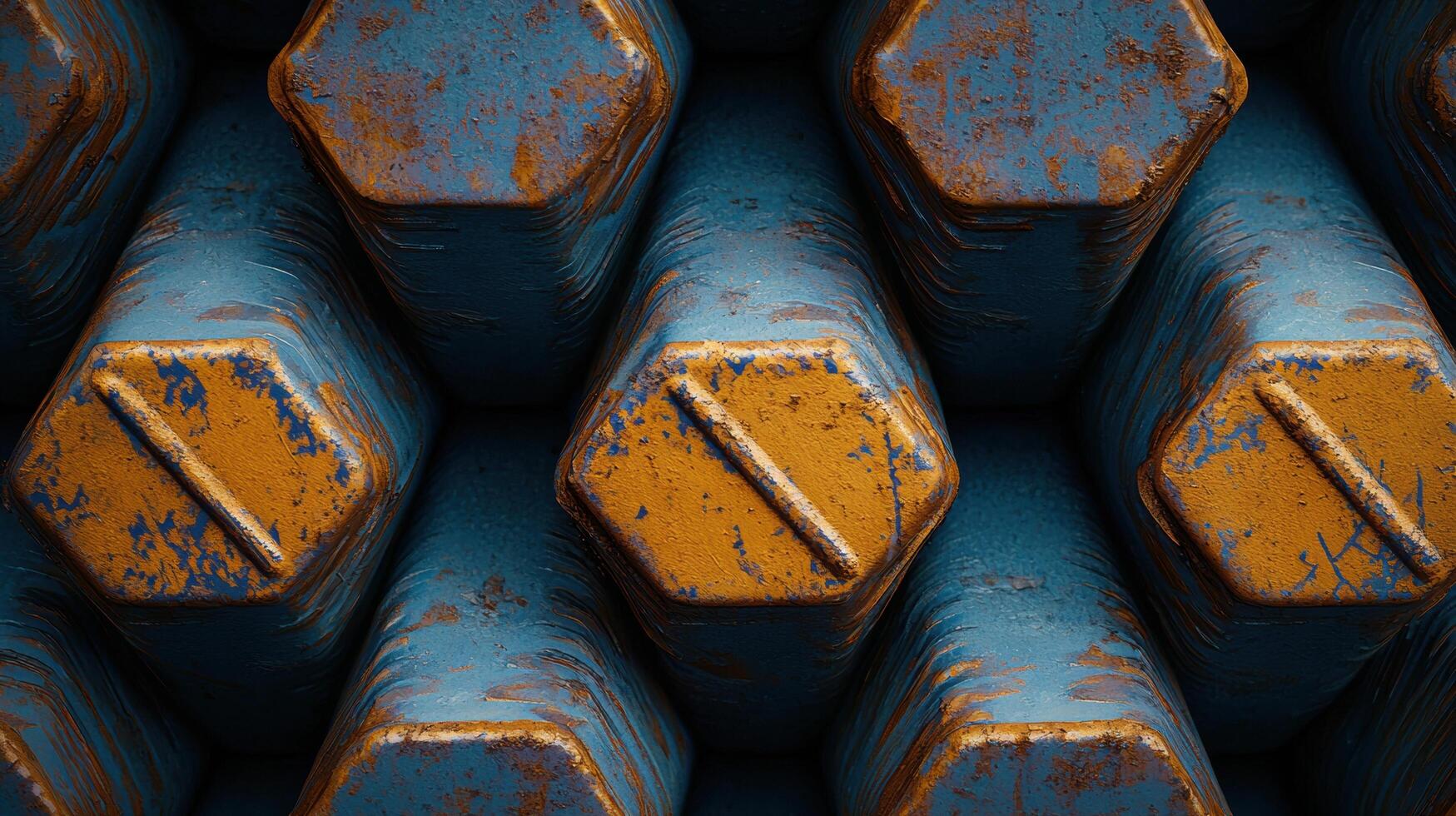Close-up of industrial metal rods with hexagonal ends, showing rust and blue paint, emphasizing texture and geometric pattern. photo
