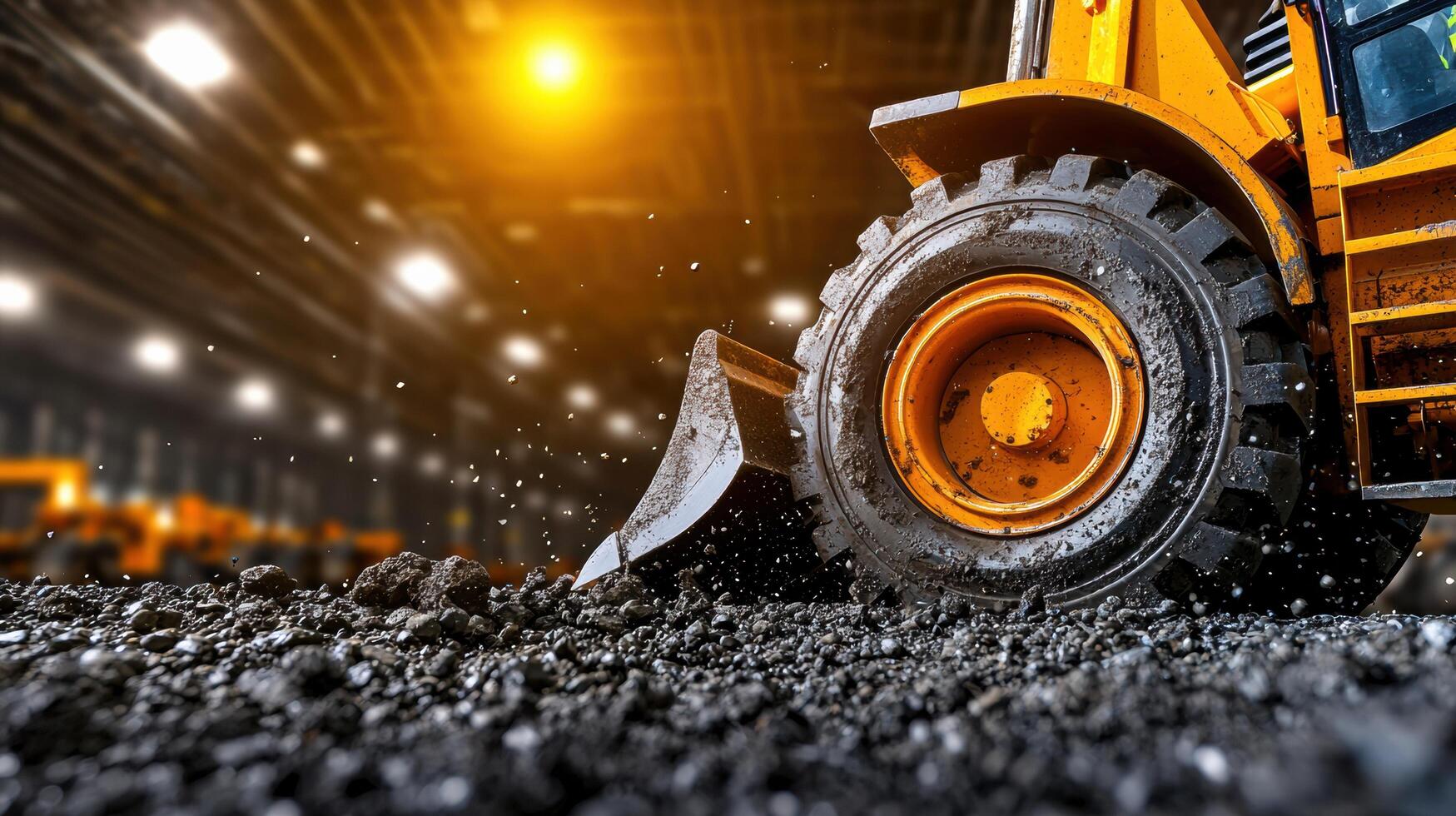 Heavy machinery working in an industrial setting, showcasing a close-up of a large tire and a shovel on rough terrain. photo