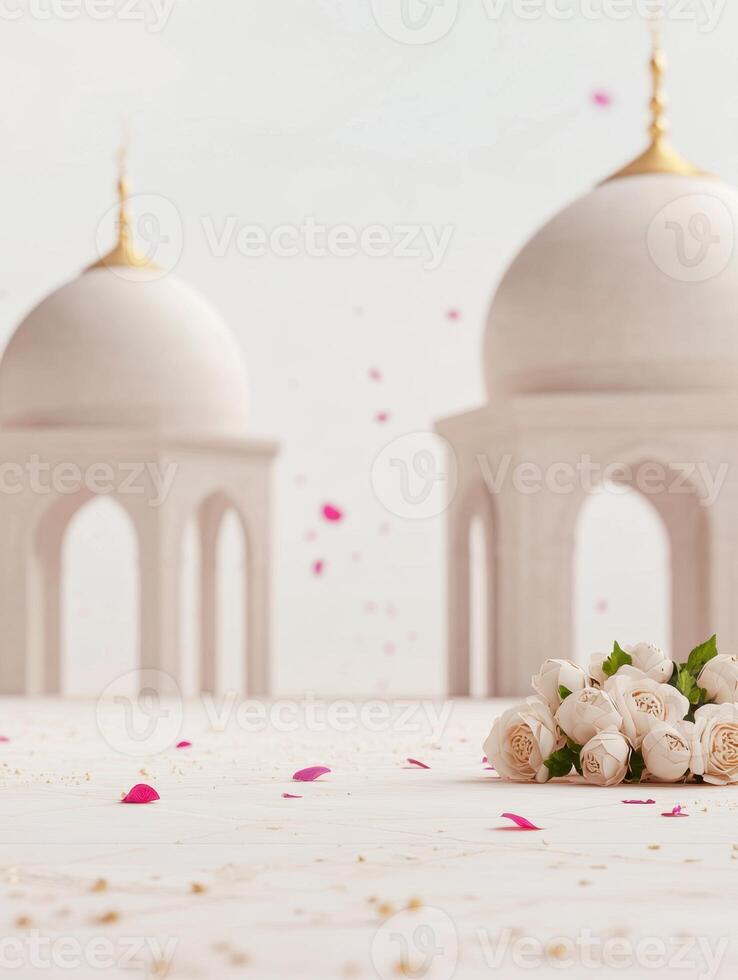 Roses on a white floor with architectural structures and floating petals create an elegant scene photo