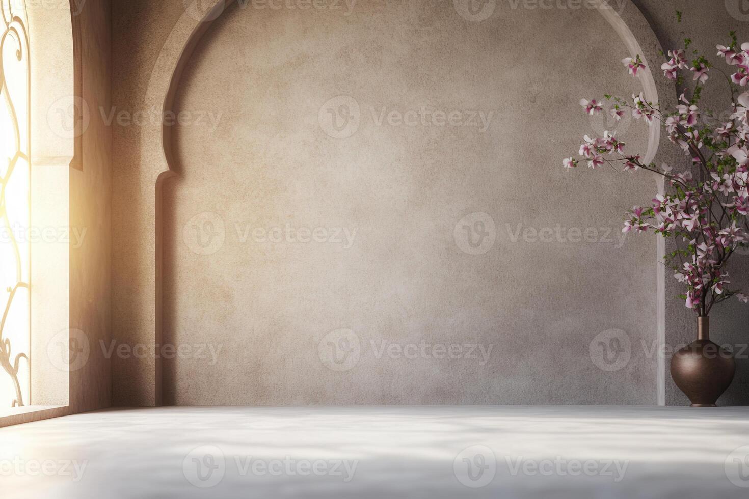 Elegant room with archway, floral arrangement, and soft natural light creating a serene ambiance photo