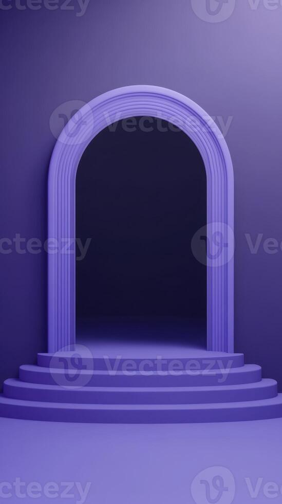 Elegant purple architectural display featuring an arched entrance with steps, creating a modern stage photo