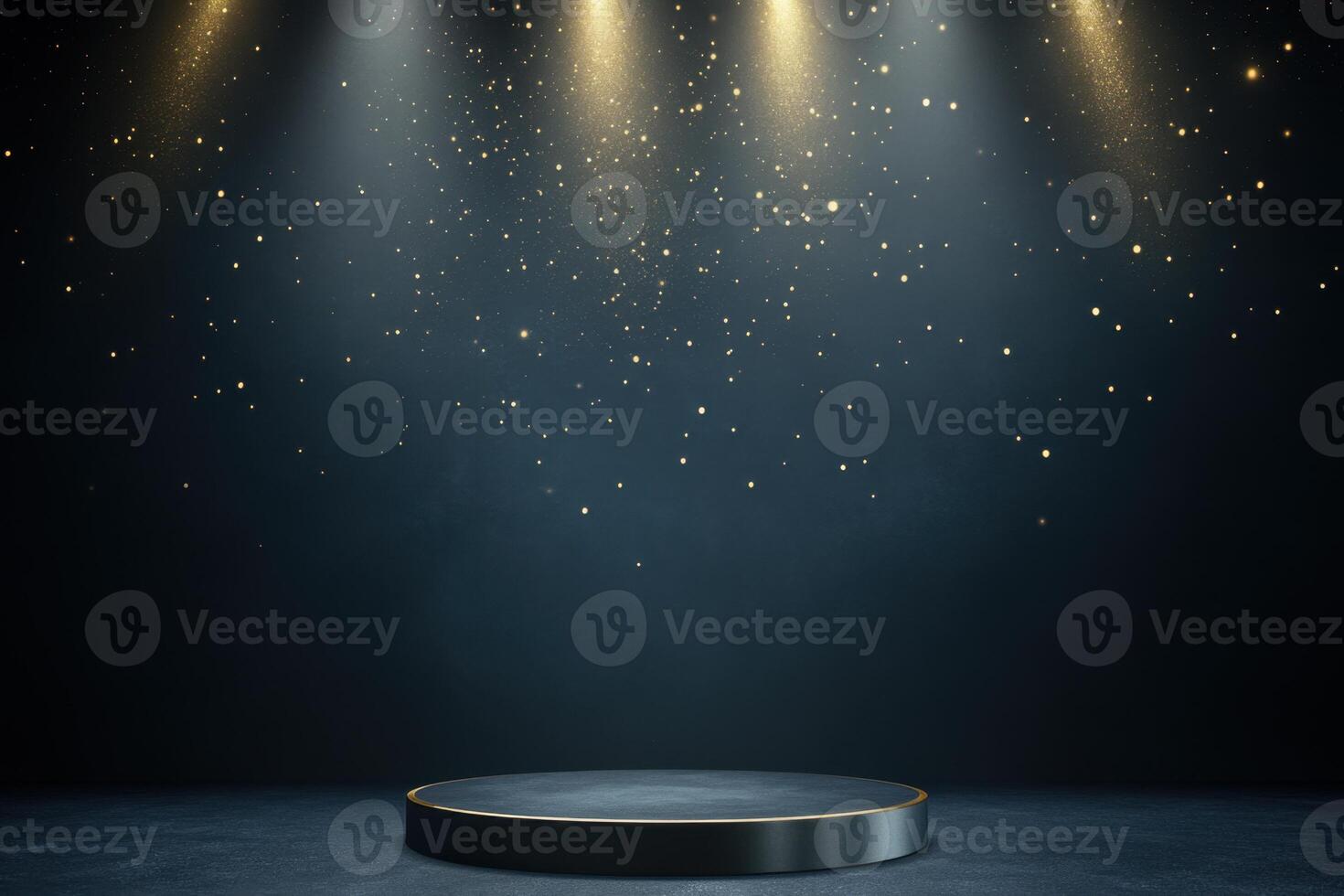 Illuminated stage pedestal with golden sparkles under spotlight, perfect for product placement photo