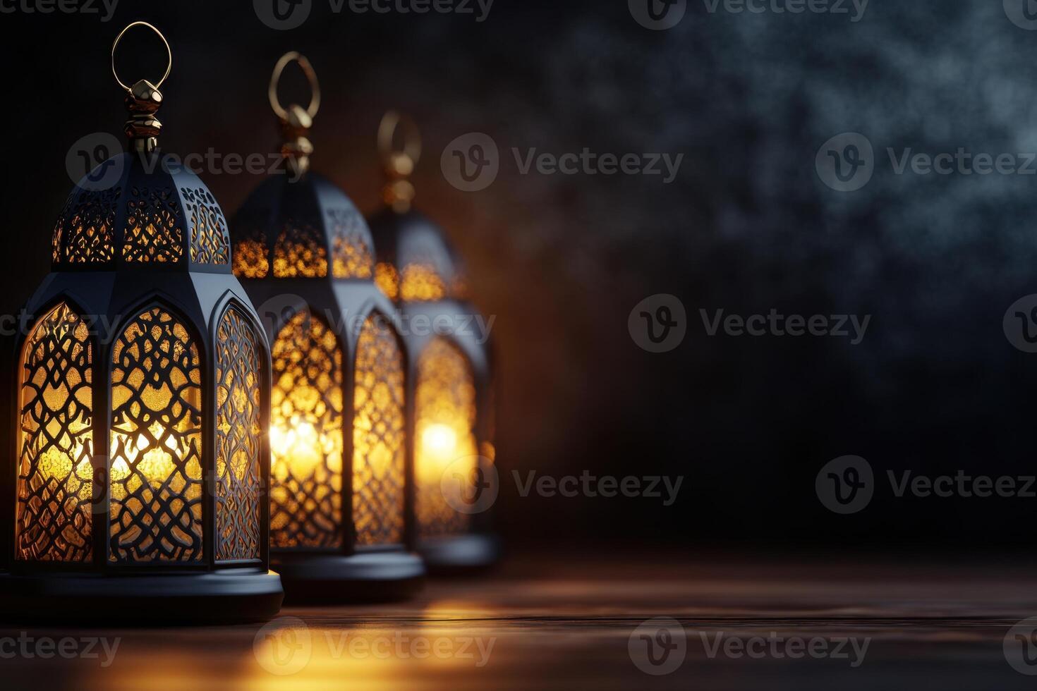 Three ornate lanterns glow in the dark, creating a warm and inviting atmosphere on the wooden floor photo