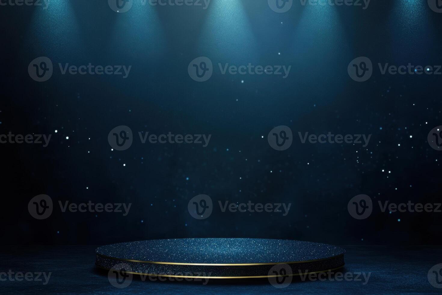 A dark blue glittering podium stage with a gold trim is illuminated by spotlights for an event photo