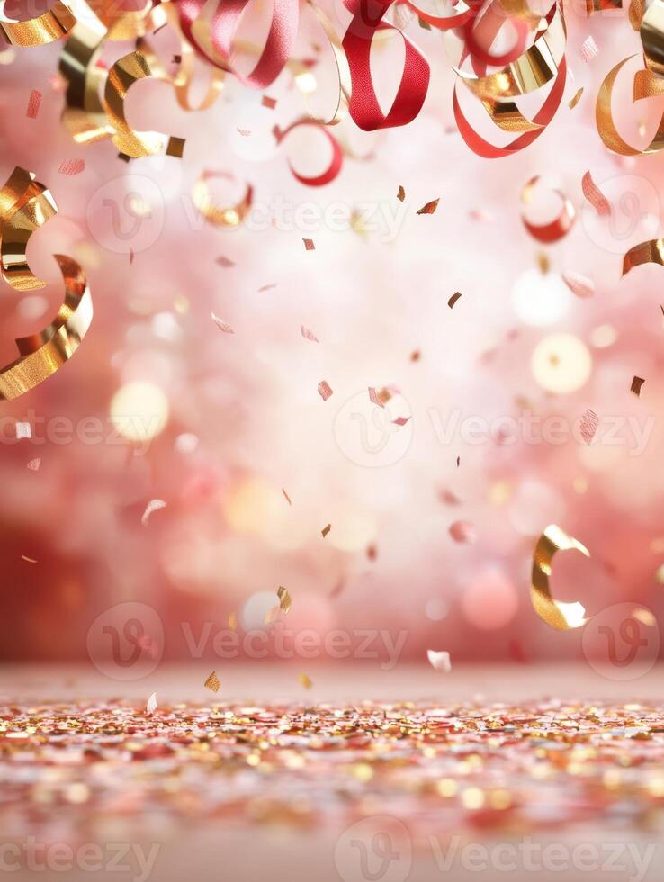 Festive celebration with falling confetti and ribbons creates a joyful and sparkling atmosphere photo
