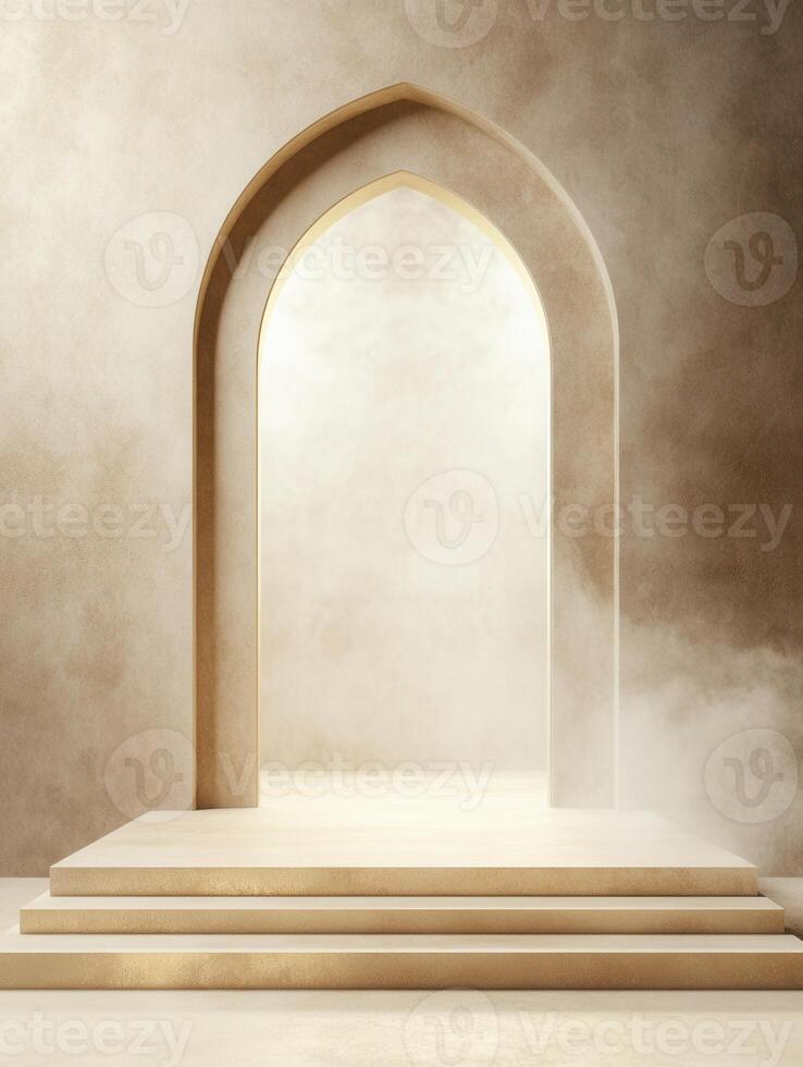 Elegant archway and platform create a sophisticated, neutral-toned presentation space photo