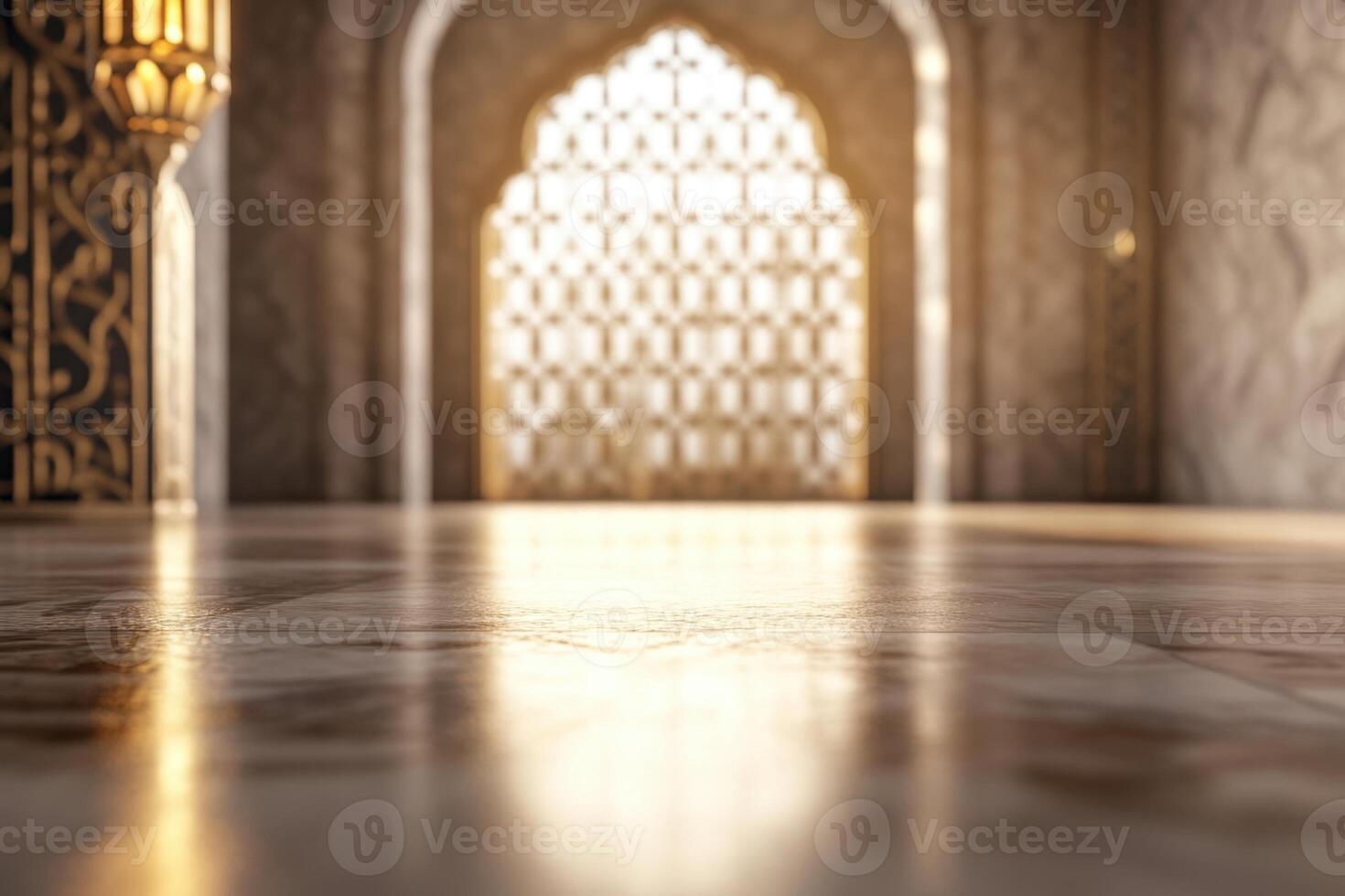 Sunlight streams through an archway illuminating marble floors of an ornate interior photo