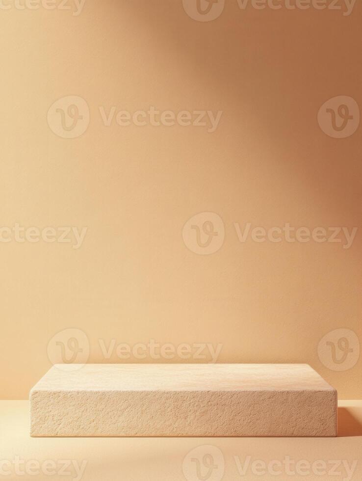 Minimalist display platform against a textured peach-colored backdrop in a studio setting photo