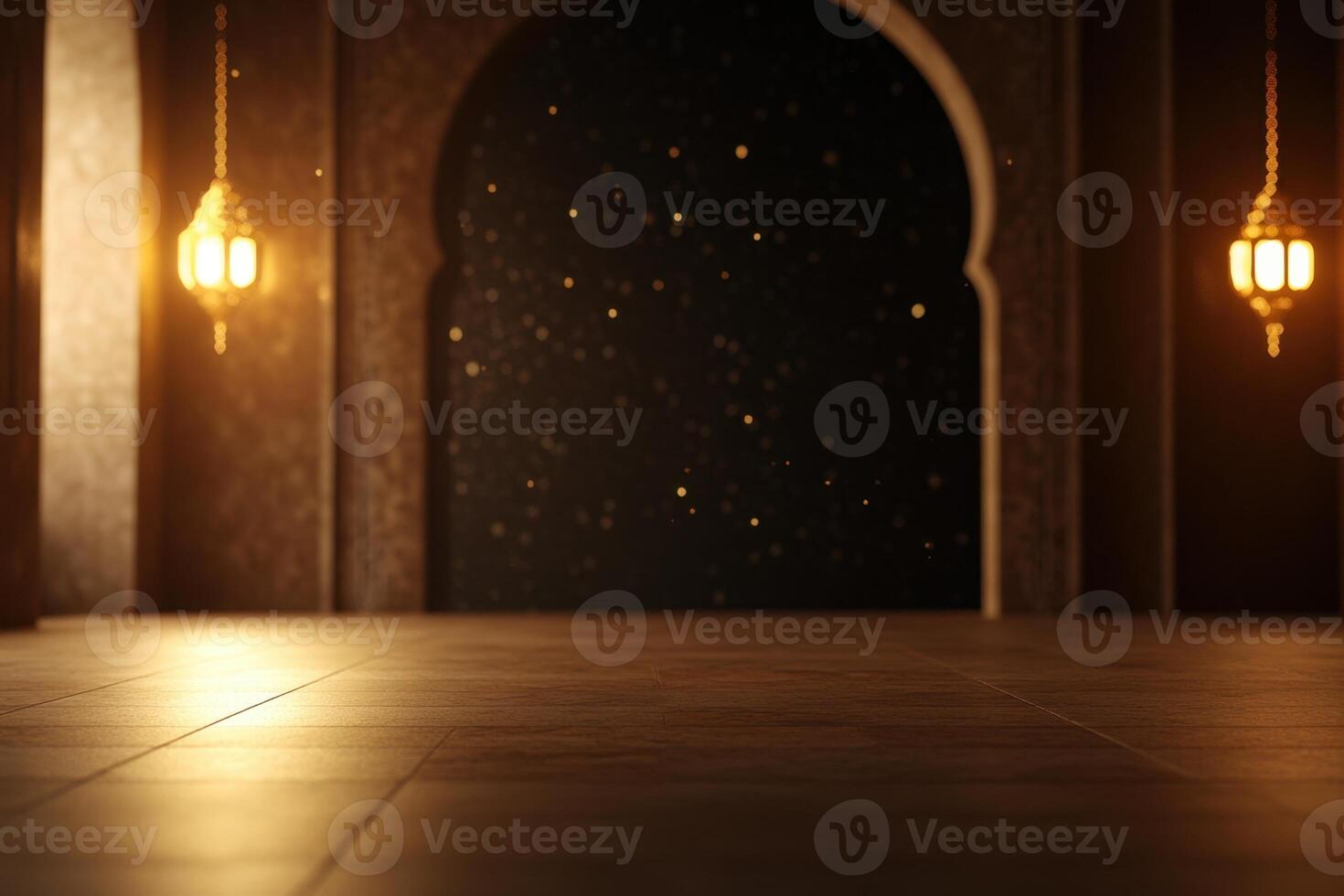 Golden lanterns illuminate a room with an archway and a gleaming, tiled floor. Warm lighting photo