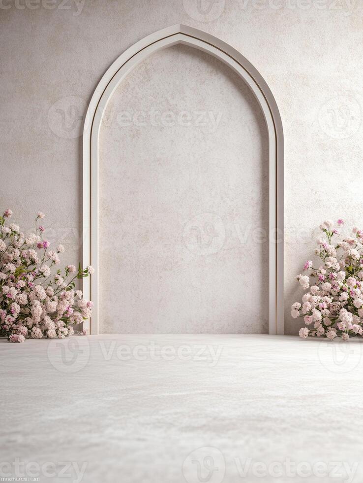 Minimalist backdrop featuring an arched opening flanked by delicate pink blossoms and a neutral tone photo