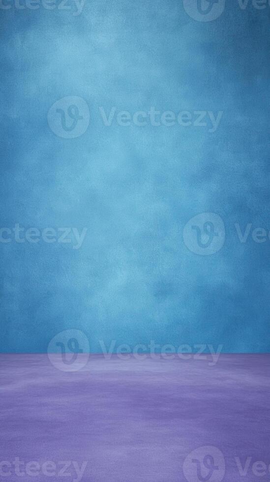 Empty studio scene with blue textured wall and purple floor creates a simple, abstract background photo