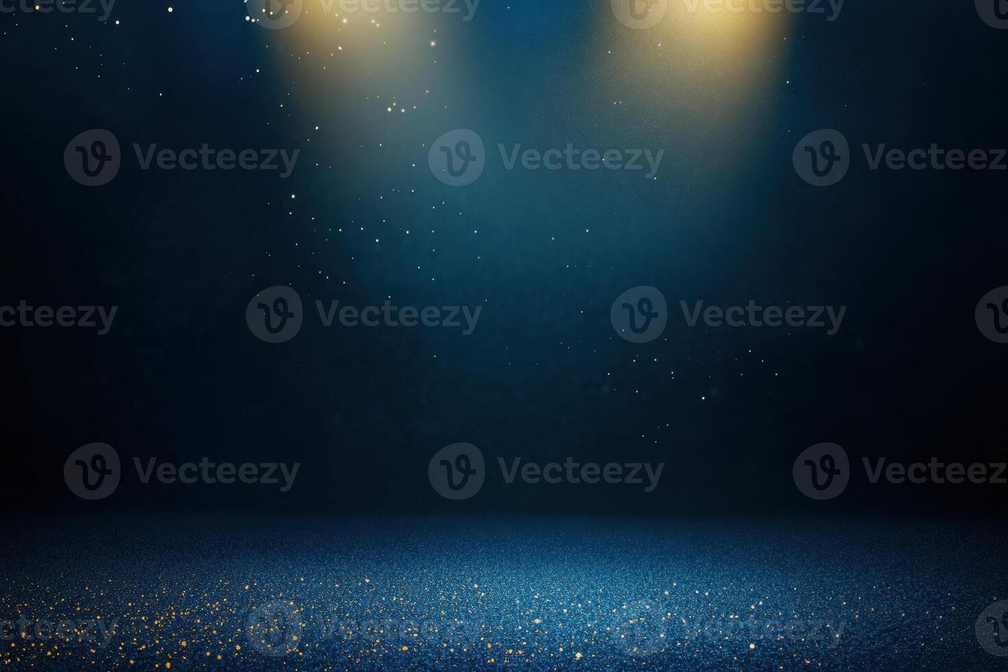A captivating scene unfolds with a dark blue backdrop illuminated by warm spotlights and gold glitter photo