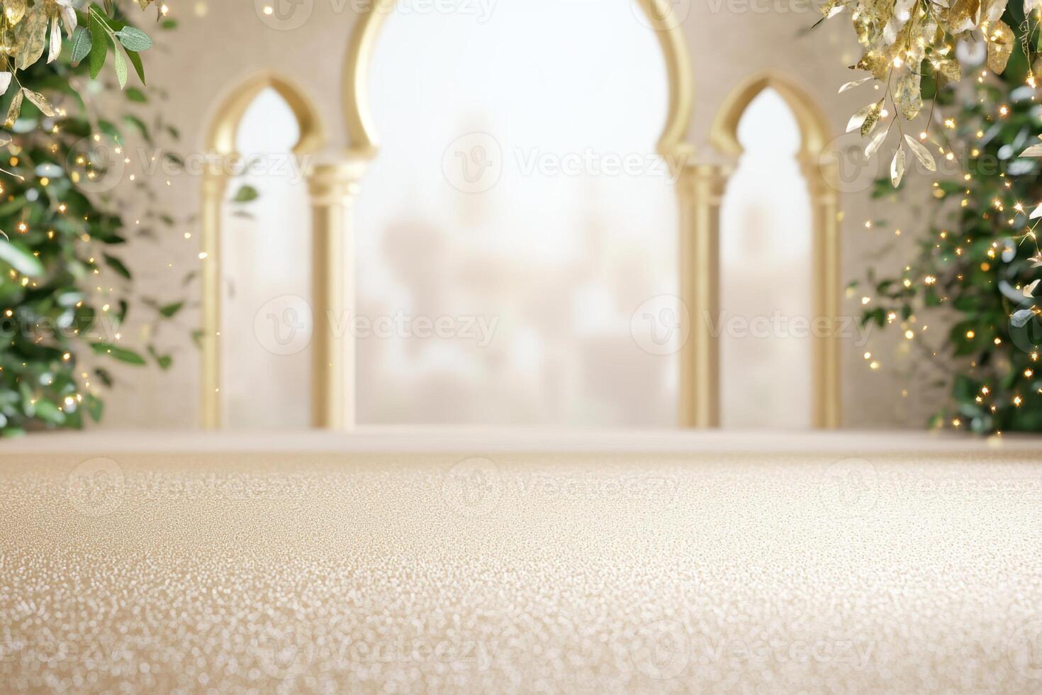 Elegant arched architecture with festive greenery and soft lighting creates a serene atmosphere photo