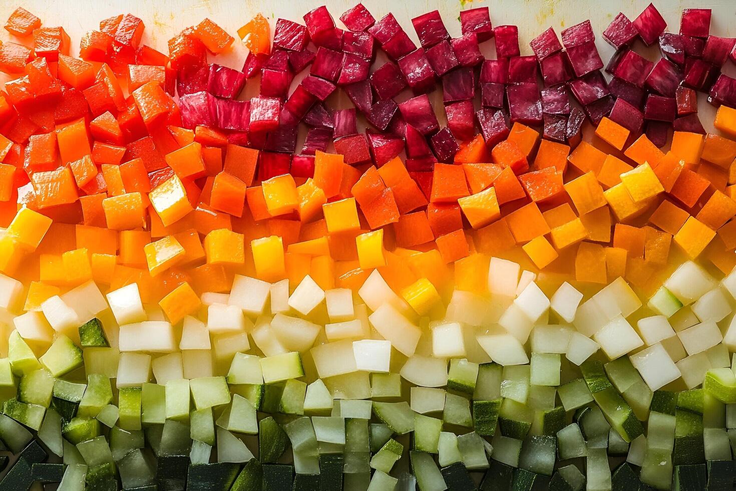 A rainbow of vegetables arranged in a square photo