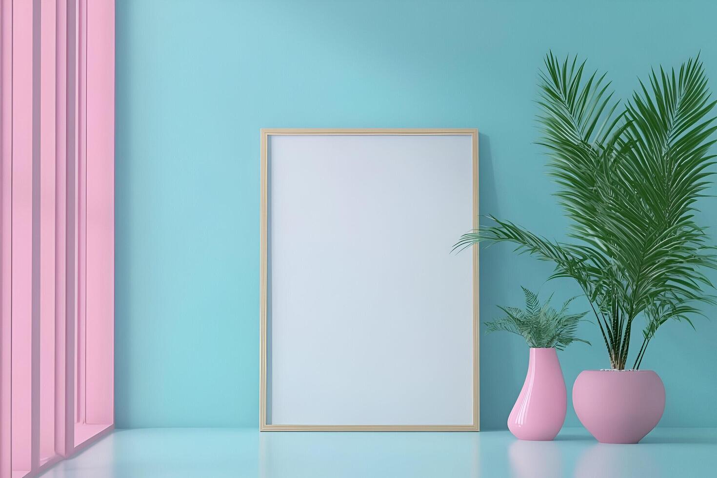 A blank frame with a plant in a vase on a blue wall photo