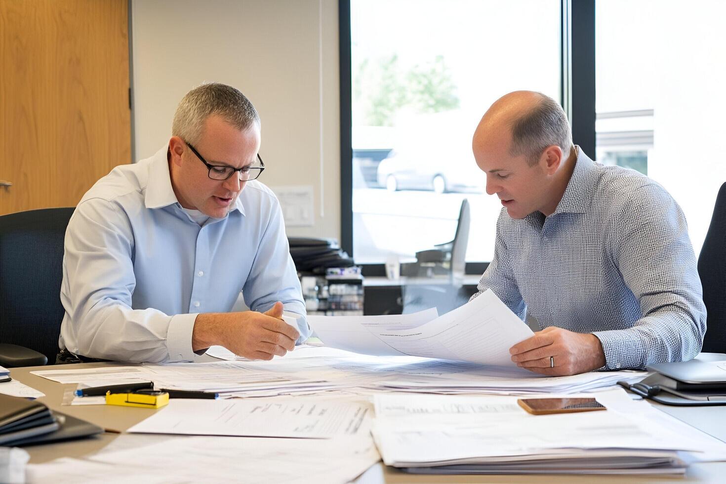 Two men sitting at a table with papers and papers photo