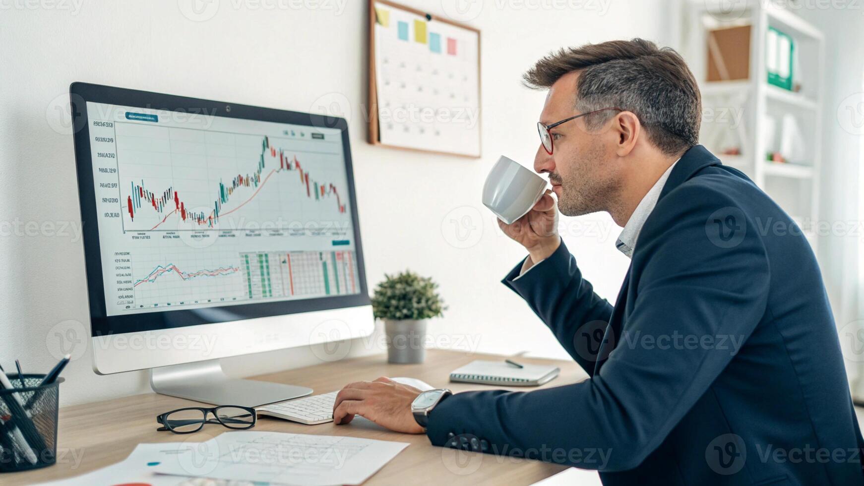 a man in a suit is sitting at a desk with a computer screen showing stock market graphs photo