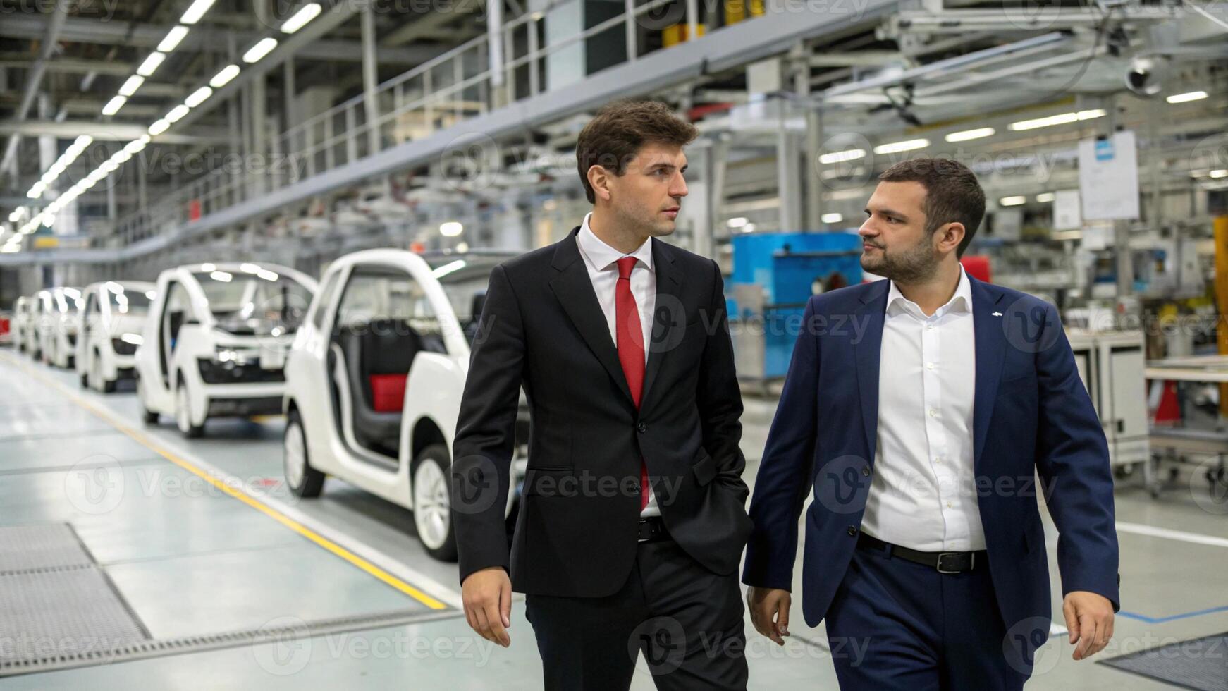 two men in suits standing in front of cars on an assembly line photo
