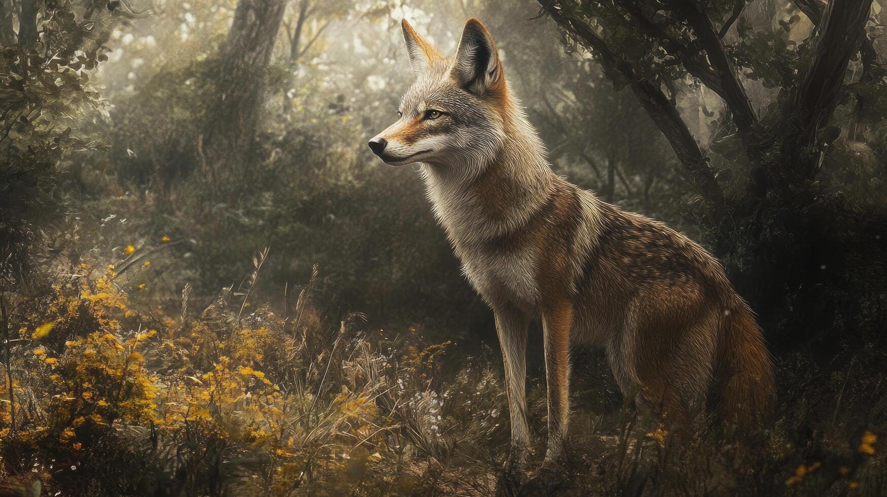 Majestic wolf standing in the forest with golden backlight photo