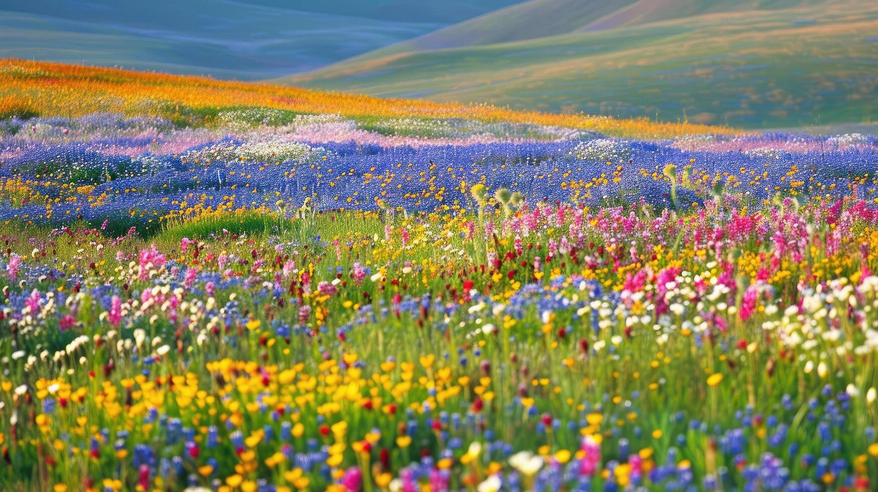 colorful wildflower meadow with bright flowers under blue sky photo