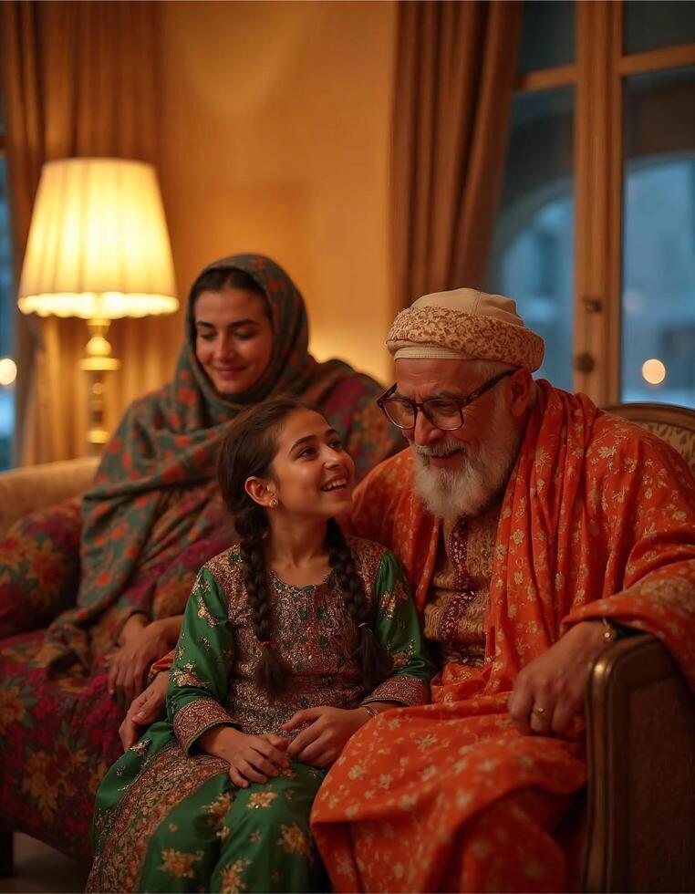 A vibrant Eid celebration with families dressed in colorful traditional attire, children laughing, and elders sharing blessings in a spacious living room, soft lighting. photo