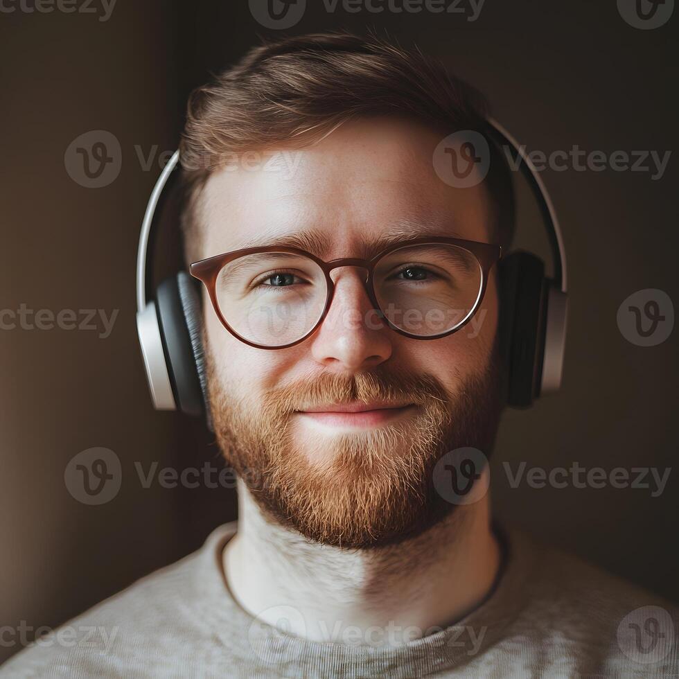 portrait of a young smiling man with headphones. Young man listening to music. photo