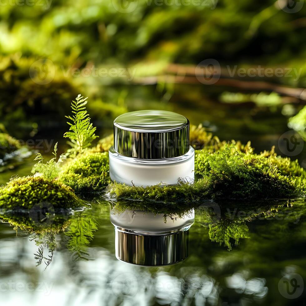 Mock up for cosmetics bottle on green nature background. Glass bottle. Eco concept. water reflection. photo